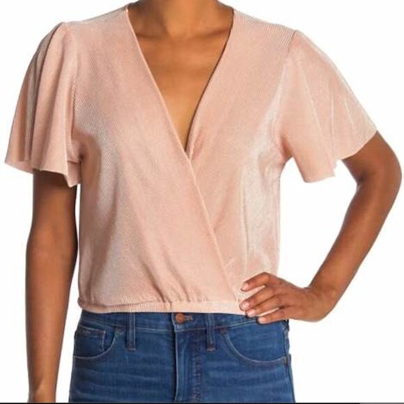 ASTR The Label Short Sleeve Plissé Top in Blush Pink Blue Women’s Size Large - Picture 1 of 11